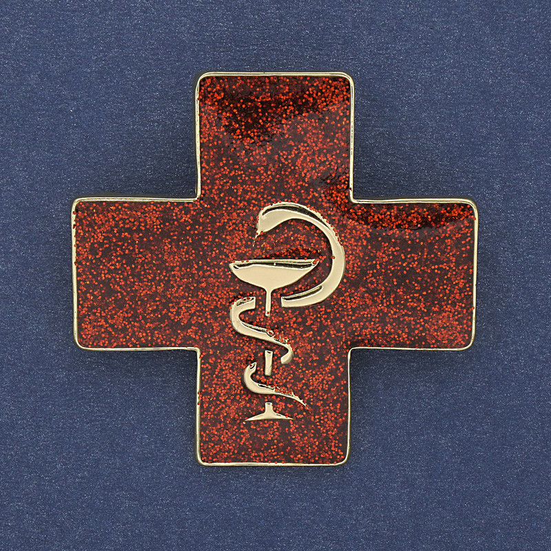 Brooch pendant Cross with Serpent over the Cup red enamel gold-tone metal 38x38mm+