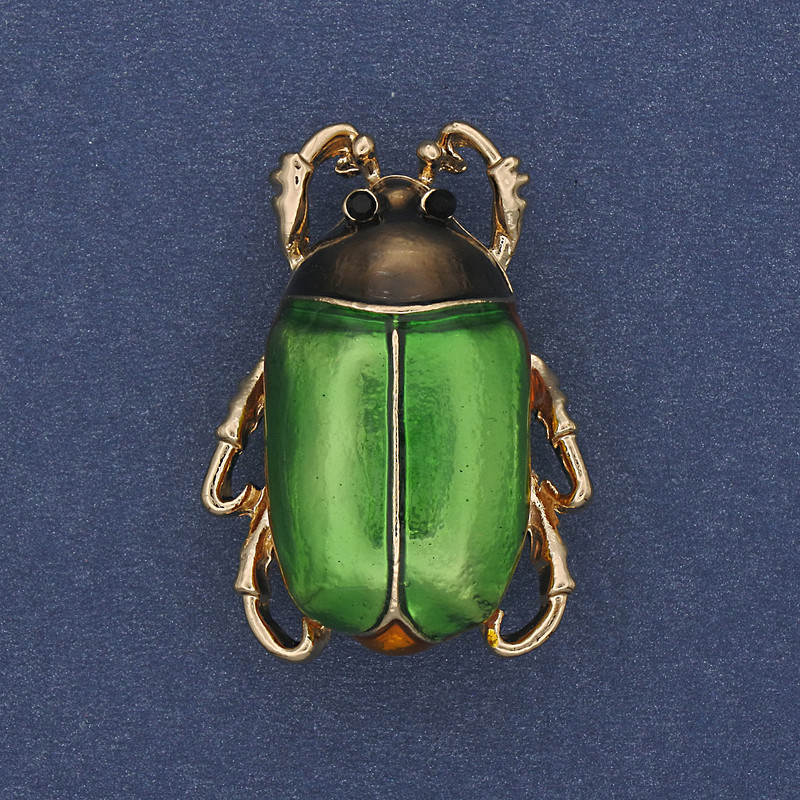 Brooch Bug with green enamel, black rhinestones, golden metal 23x31mm+