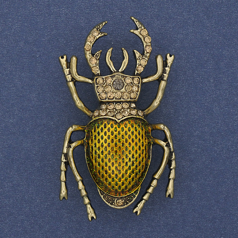 Brooch Beetle Scarab yellow enamel yellow rhinestones gold-tone metal 27x46mm+