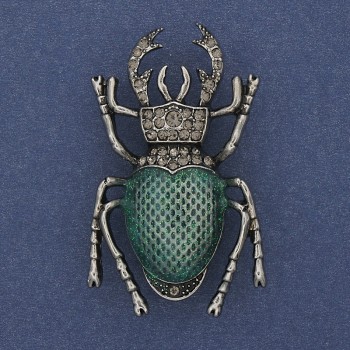 Brooch Beetle Scarab green enamel with gray rhinestones silver metal 27x46mm+