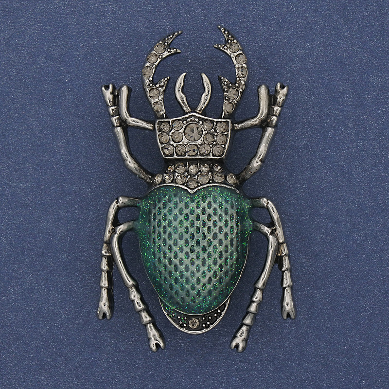 Brooch Beetle Scarab green enamel with gray rhinestones silver metal 27x46mm+