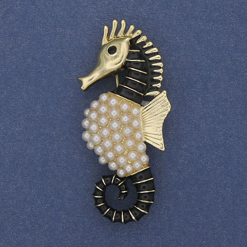 Brooch Sea Horse with Black and Golden Enamel and Golden Pearl on Gold Metal 24x55mm+