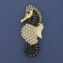 Brooch Sea Horse with Black and Golden Enamel and Golden Pearl on Gold Metal 24x55mm+