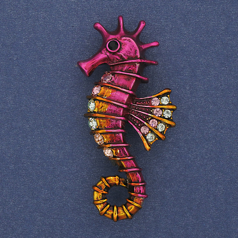Brooch Pendant Sea Pony Colored Rhinestones Pink Enamel Gold-Tinish Metal 24x49mm+