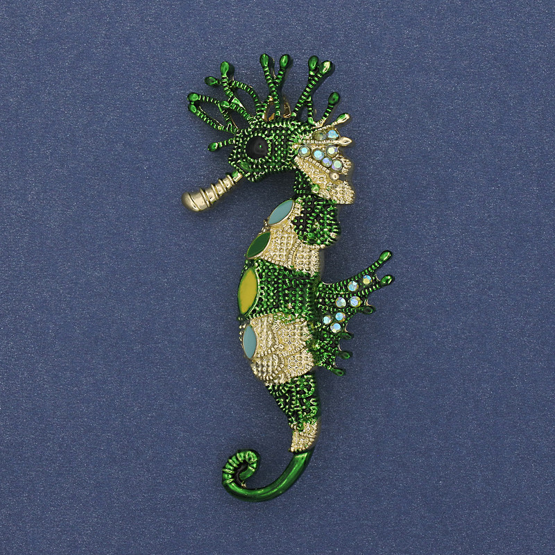 Brooch Pendant Sea Pony Colorful Rhinestones Green and Golden Enamel Gold-toned Metal 63x31mm+