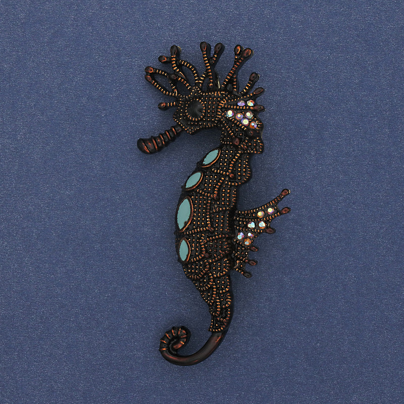 Brooch Pendant Sea Horse Colored Rhinestones Brown Enamel Golden Metal 63x31mm+