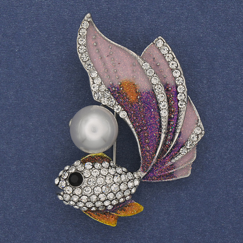Brooch Pendant 'Fish' Purple Enamel with White Rhinestones Pearl Golden Metal 47x32mm +
