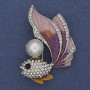Brooch Pendant 'Fish' Purple Enamel with White Rhinestones Pearl Golden Metal 47x32mm +