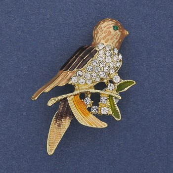 Bird Brooch with Colorful Enamel and White Crystals, Gold-Tone Metal 32x54mm
