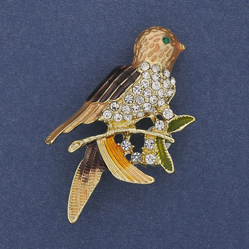 Bird Brooch with Colorful Enamel and White Crystals, Gold-Tone Metal 32x54mm