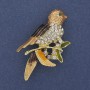 Bird Brooch with Colorful Enamel and White Crystals, Gold-Tone Metal 32x54mm
