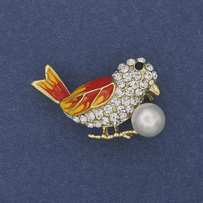 Pendant/Brooch: Colorful Bird with Enamel, White Rhinestones, Pearl, Gold-Toned Metal 22x35mm +