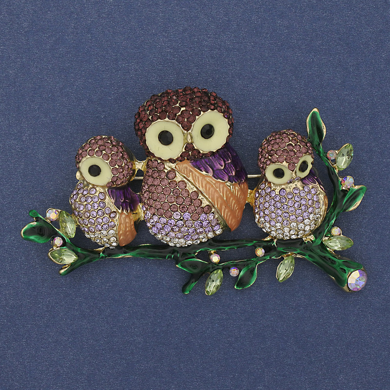 Brooch Owl with Purple and Green Crystals, Colorful Enamel, Gold-tone Metal 43x73mm+