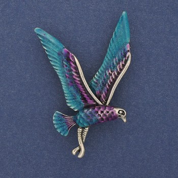 Bird Brooch with blue, purple, and silver enamel on gold-tone metal 38x56 mm +