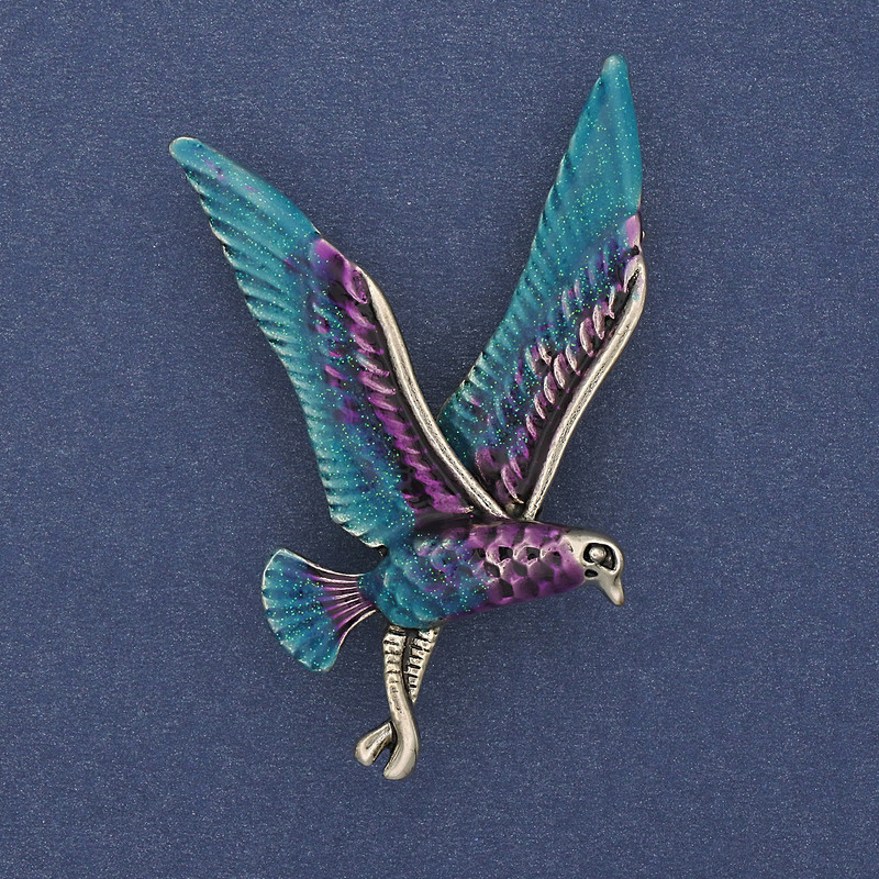 Bird Brooch with blue, purple, and silver enamel on gold-tone metal 38x56 mm +