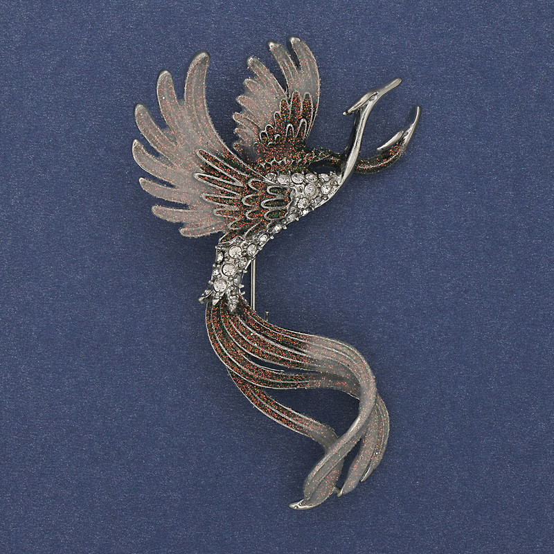 Brooch Bird Green and Gray Enamel with Crystals Silver Metal 43x67mm +