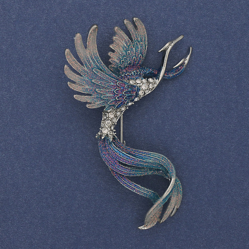 Brooch Bird Blue and Gray Enamel with Rhinestones Silver Metal 43x67mm +