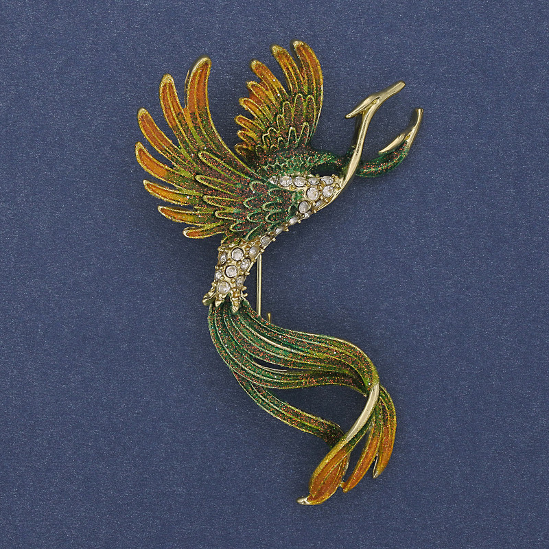Brooch Bird-shaped green and yellow enamel with crystals, golden metal 43x67mm +