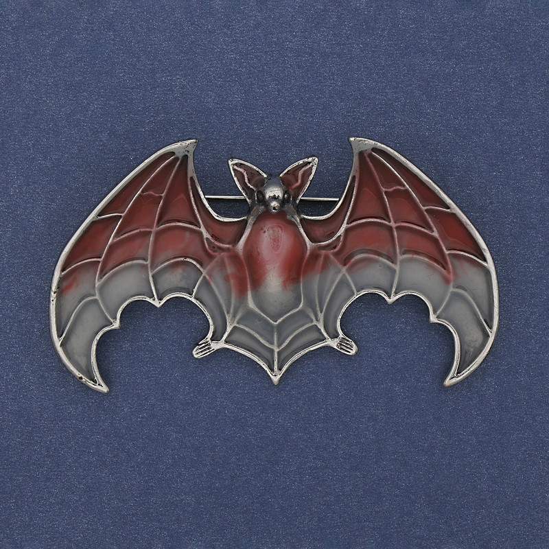 Brooch pendant Bat red and gray enamel, silver metal 36x60mm +