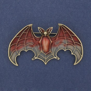Brooch Pendant Bat Red and Gray Enamel on Gold-Toned Metal 36×60mm +