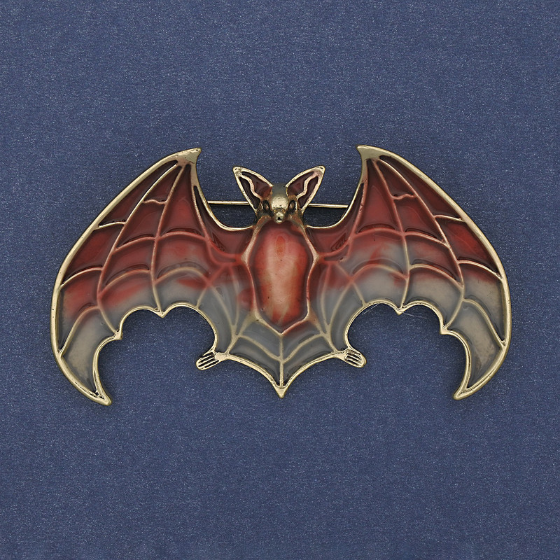 Brooch Pendant Bat Red and Gray Enamel on Gold-Toned Metal 36×60mm +