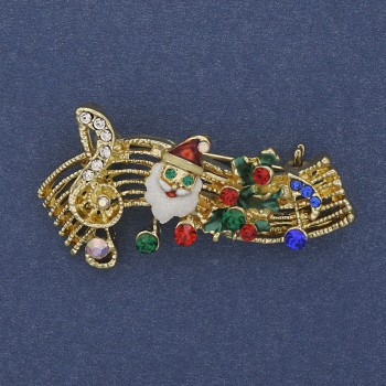 Brooch 'New Year Melody' red green white enamel with crystals golden metal 23×43mm +