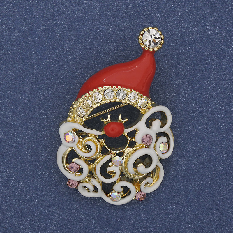 Brooch Santa Christmas Red Enamel with Rhinestones Gold Tone Metal 26x38mm +