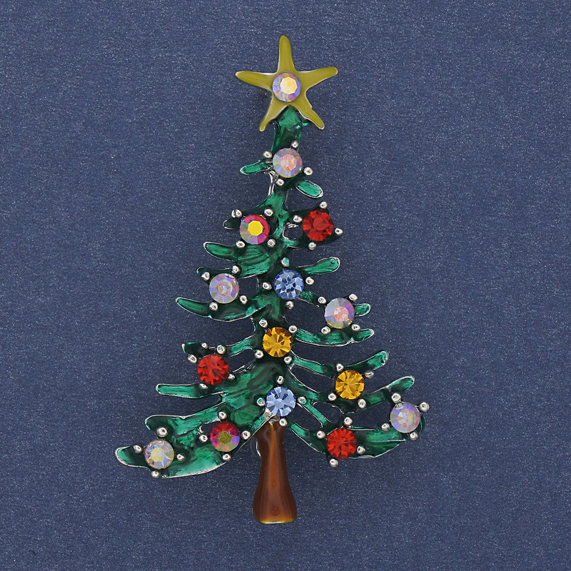 Brooch Christmas Tree Green Enamel Multicolor Rhinestones Golden Metal 32×49mm +