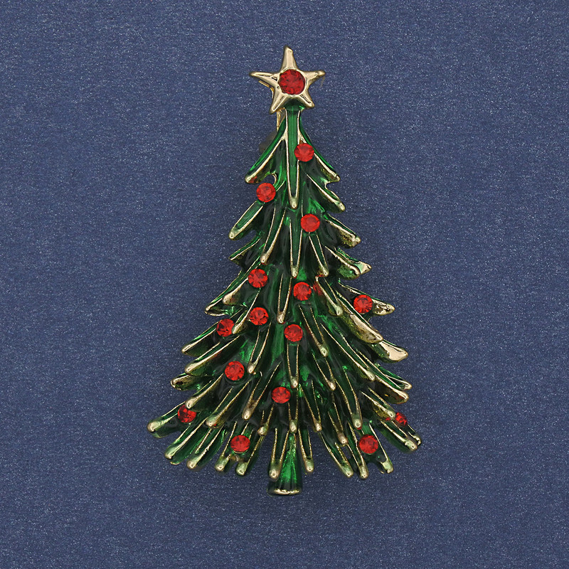 Brooch New Year Tree Green Enamel with Crystals Gold-Tone Metal 24x42mm +