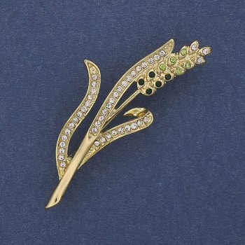 Brooch 'Ear of Grain' with green and white rhinestones on golden metal 20x53mm+