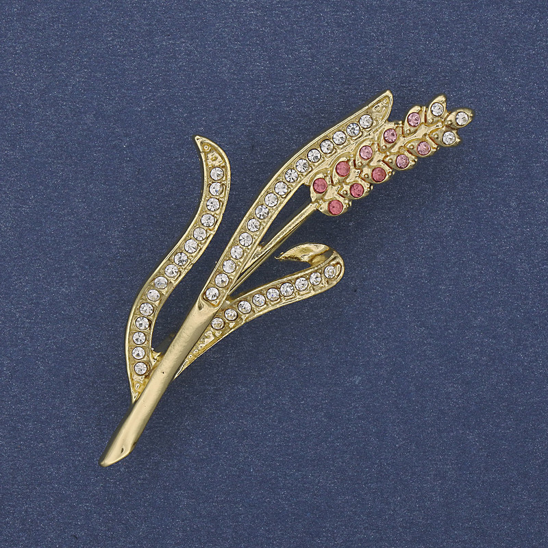 Brooch Ear of Wheat with Pink and White Rhinestones on Gold-tone Metal 20x53mm+