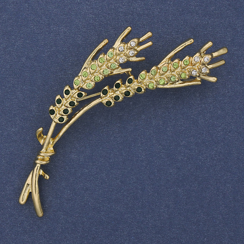 Brooch - Ears of Grain in Green and White with Crystals, Gold Metal 18x65mm+