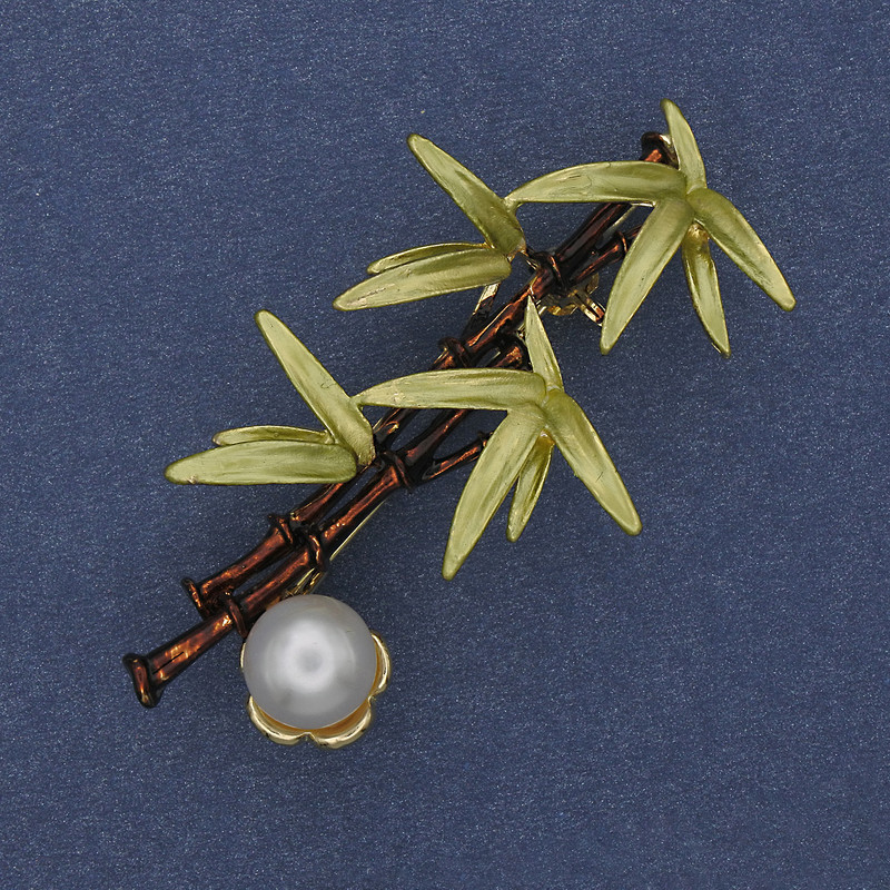 Brooch Pendant Bamboo with Pearl Enamel 27x49mm+- golden metal