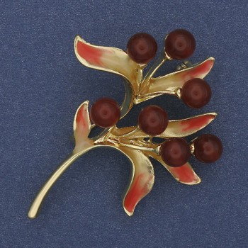 Brooch Branch Carnelian Enamel 42x55mm± golden metal