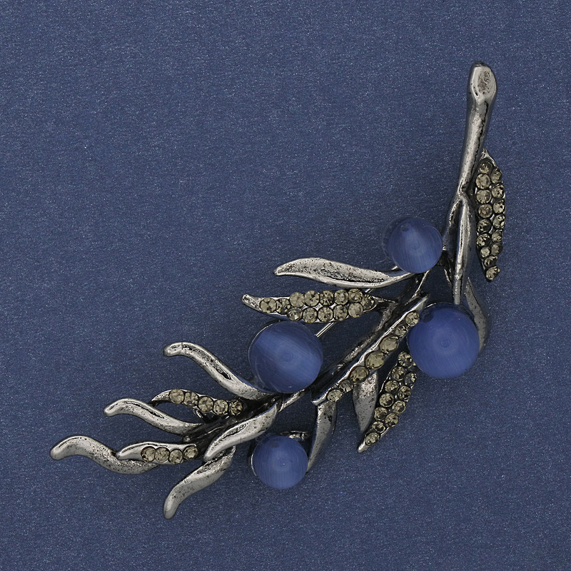 Brooch Branch with Blue Cat's Eye Gray Rhinestones 67x26mm Silver Metal