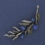 Brooch Branch with Blue Cat's Eye Gray Rhinestones 67x26mm Silver Metal