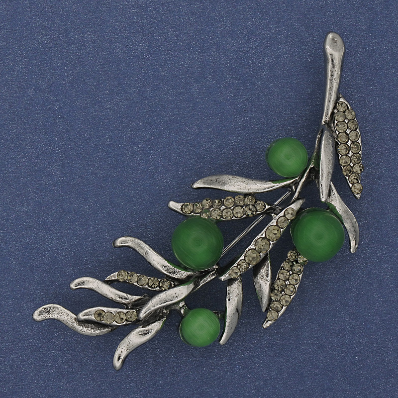 Brooch Twig Green Cat's Eye with Gray Crystals 67x26mm Silver Metal