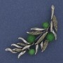 Brooch Twig Green Cat's Eye with Gray Crystals 67x26mm Silver Metal