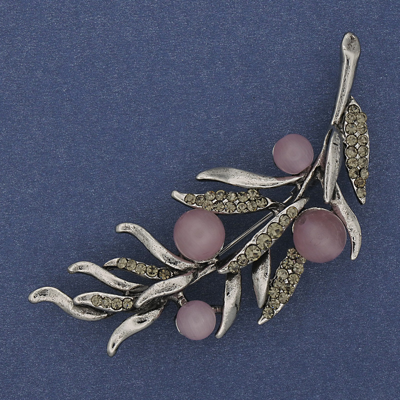 Brooch Branch with Pink Cat's Eye and Gray Rhinestones, 67x26mm, Silver Metal