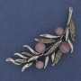 Brooch Branch with Pink Cat's Eye and Gray Rhinestones, 67x26mm, Silver Metal