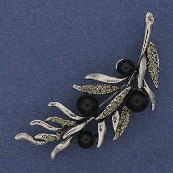 Brooch Branch of Agate with Gray Crystals 67x26mm Silver Metal