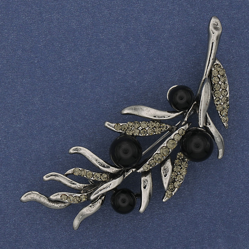 Brooch Branch of Agate with Gray Crystals 67x26mm Silver Metal
