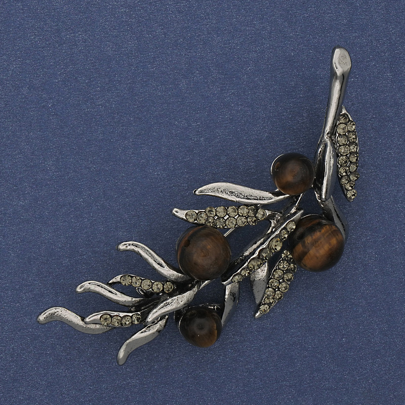 Brooch Branch Tiger's Eye with Gray Rhinestones 67x26mm Silver Metal