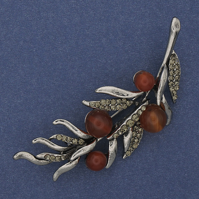 Brooch Needleleaf Carnelian with Gray Crystals 67x26mm Silver Metal