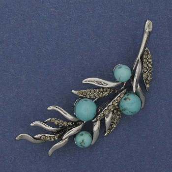 Brooch Branch Turquoise with gray crystals 67x26mm silver metal