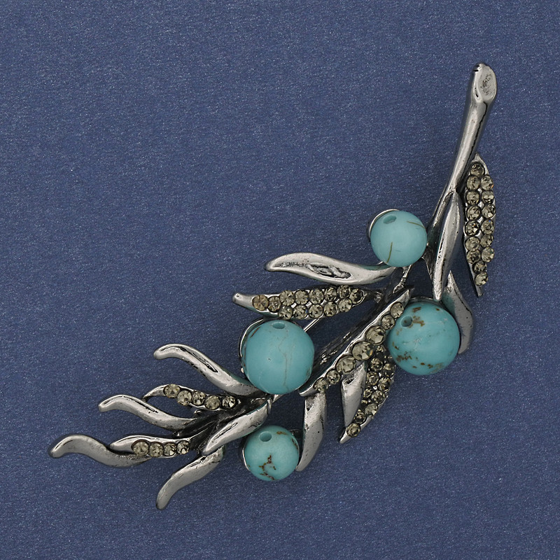 Brooch Branch Turquoise with gray crystals 67x26mm silver metal