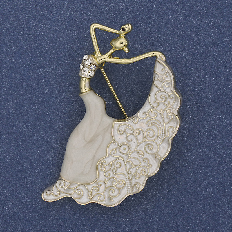 Brooch Dancing Woman White Enamel and Crystals Gold-Tone Metal 26x46mm+