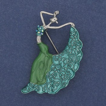 Brooch Dancer green enamel rhinestones silver-tone metal 26x46mm+