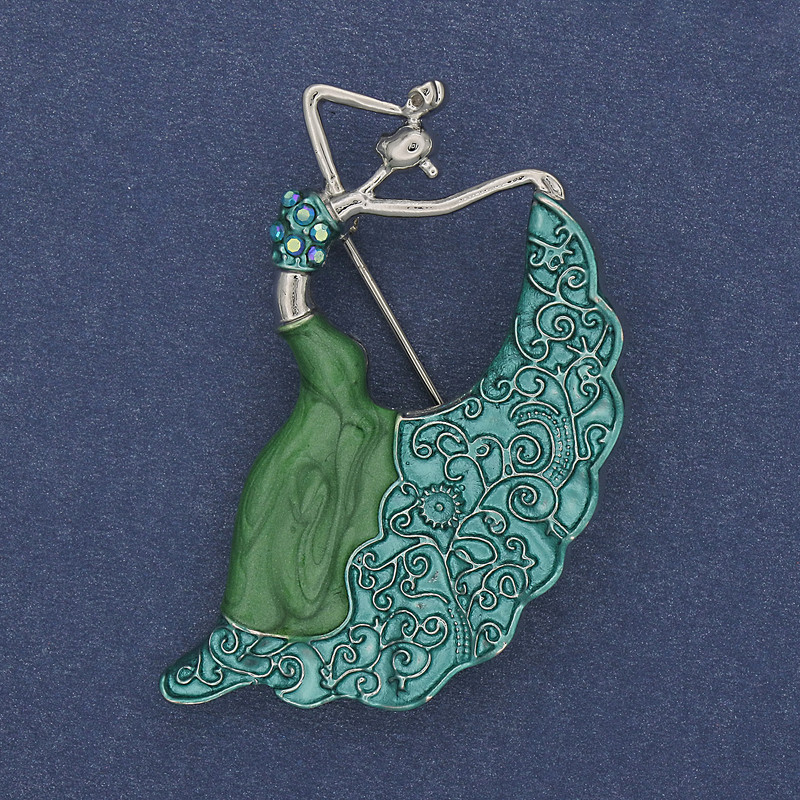 Brooch Dancer green enamel rhinestones silver-tone metal 26x46mm+