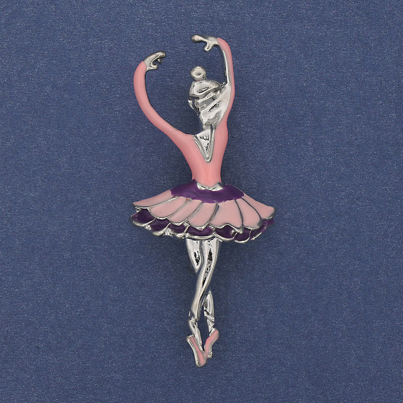 Brooch Pendant Ballet Dancer Pink Enamel Silver Tone Metal 25x57mm+